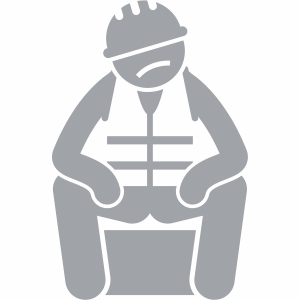 Light grey icon of construction person looking sad and sitting down