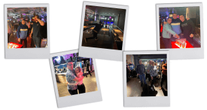 Photo collage of work social playing bowling and beer pong